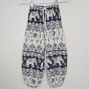 🐘 Goa Boho Kids Navy & Cream Elephant Print Harem Pants, Size 4 ~ EUC